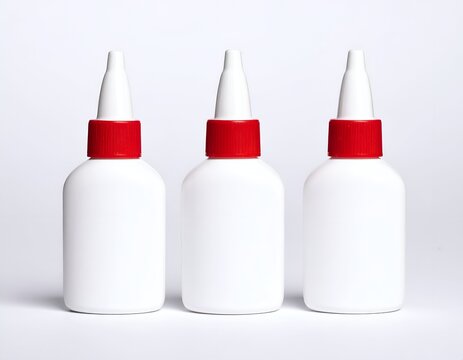 Three white glue bottles with red rings and white nozzles against a plain backdrop