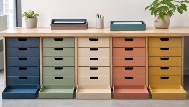 Color-zoned office drawers and matching trays, ideal for visual organization, executive function support and accessible storage