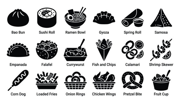 Set of popular food icons. Global street food, fast food, snacks, appetizer symbols. Sushi, ramen, gyoza, samosa, falafel. Solid vector pictograms.