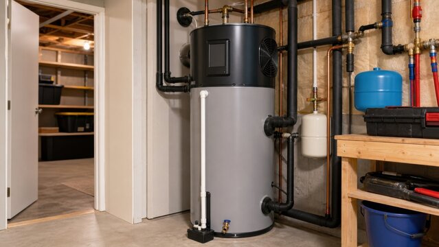 Modern heat pump water heater installed in a clean utility room, ideal for home electrification, efficient hot water and energy upgrades