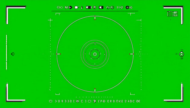 Digital Camera Viewfinder Screen Overlay with Focus Reticle and Information Display on Green Background