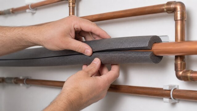 Hands closing foam insulation sleeves around copper hot water pipes, ideal for winter heat retention, plumbing upgrades and energy savings