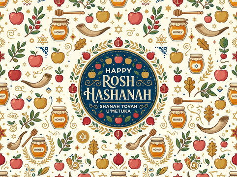 Happy Rosh Hashanah seamless pattern with apples and honey jars; Jewish holiday Shana Tova celebration vector background; autumn food design for greeting cards