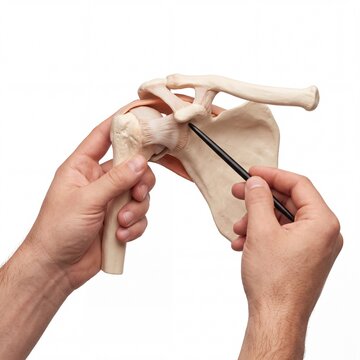 Orthopedics specialist pointing at human shoulder bone joint model
