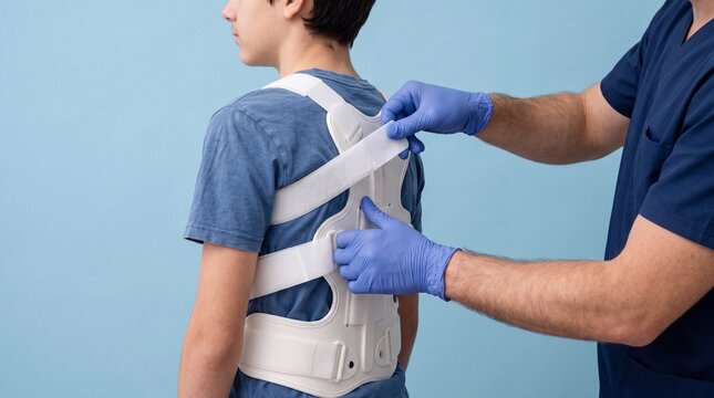 Doctor adjusting medical orthopedics back brace on a young patient