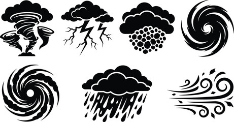 Obraz premium Extreme Weather Vector Icon Set Featuring Tornado, Hurricane, Lightning, Hail, Heavy Rain, and Wind Silhouettes