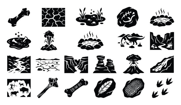 Set of prehistoric icons. Ancient symbols, Stone Age tools, dinosaur, fossils, geological landscapes, cave art pictograms. Vector collection.