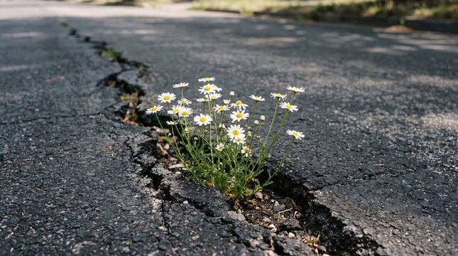Cluster of white daisy flowers blooming through a broken crack in dark asphalt road surface, representing urban nature resilience and life finding a way, low angle perspective