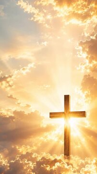 Christian cross shines through golden clouds. Faith and divine hope concept with copy space
