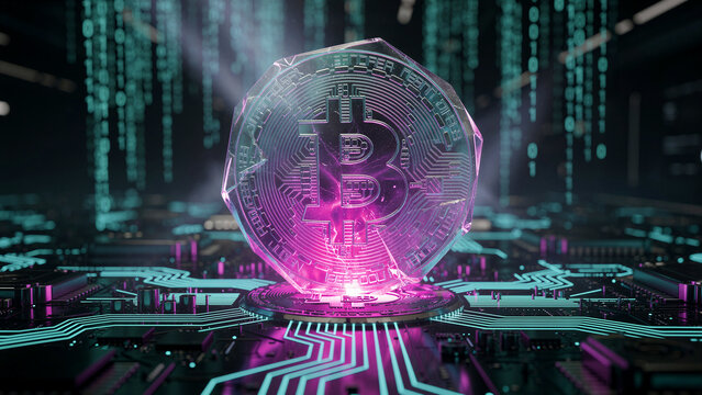 Glowing crystal Bitcoin on a futuristic neon circuit board. Digital binary code falls in the background with pink and teal lighting. Cryptocurrency blockchain concept for fintech and web3 marketing.