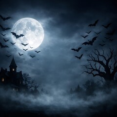 Fototapeta premium Spooky halloween night with bats flying around a full moon and haunted castle
