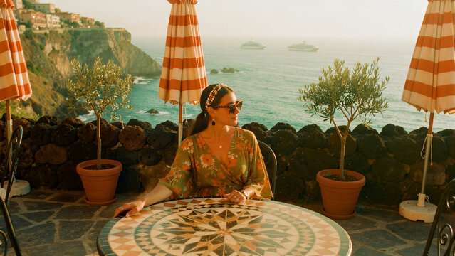 Elegant woman sits at a mosaic table on a coastal terrace. Mediterranean balcony features striped umbrellas and sea views. Luxury travel concept for European summer vacation campaigns.
