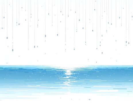 Pixelated ocean scene with falling rain, creating a calm and serene atmosphere