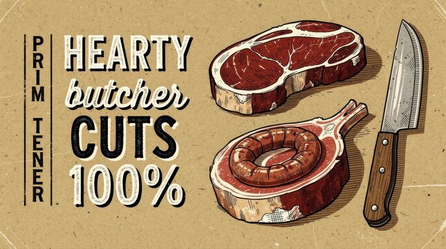 Vintage meat cuts and butcher knife illustration on textured paper. Retro graphic with steak, sausage, and typography for a butchery. Food service concept for restaurant menus and BBQ marketing.
