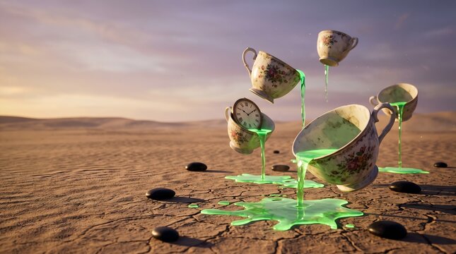 Floating vintage teacups pour glowing green liquid onto cracked desert ground among scattered black spoons, creating a playful surreal scene of excess and impossible gravity.