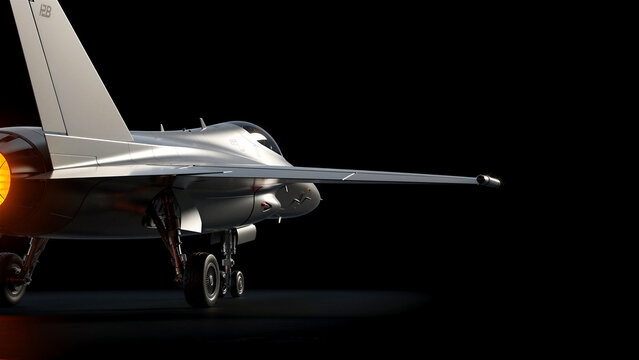 Modern fighter jet parked on a dark runway with engine glowing. Close-up of military aircraft showing aerodynamic wings and landing gear. Defense technology and aviation power concept.