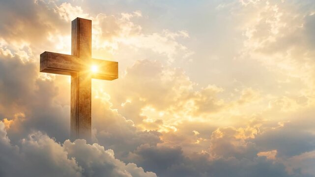 Christian cross shines through golden clouds. Faith and divine hope concept with copy space