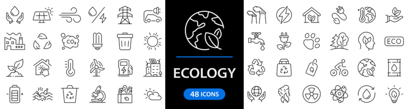 Ecology and Environment set of web icons in line style. Ecology and Energy icons. Eco friendly. Electric car, global warming, renewable energy, organic farming. Vector illustration