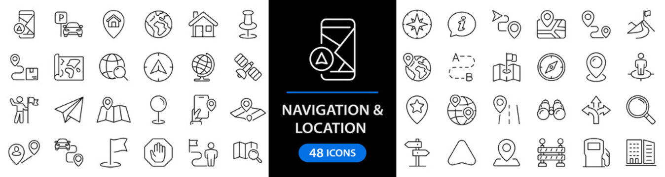 Navigation and location set of web icons in line style. Map location and navigation icons for web and mobile app. Map pin, GPS, compass, navigator, marker, map, pointer, traffic, travel, direction