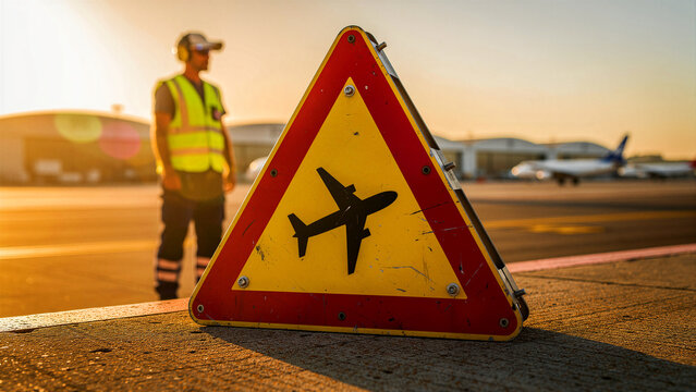Airplane warning sign on airport tarmac at sunset. Ground crew stands in background with safety gear. Aviation safety and logistics concept, perfect for travel and transport marketing.