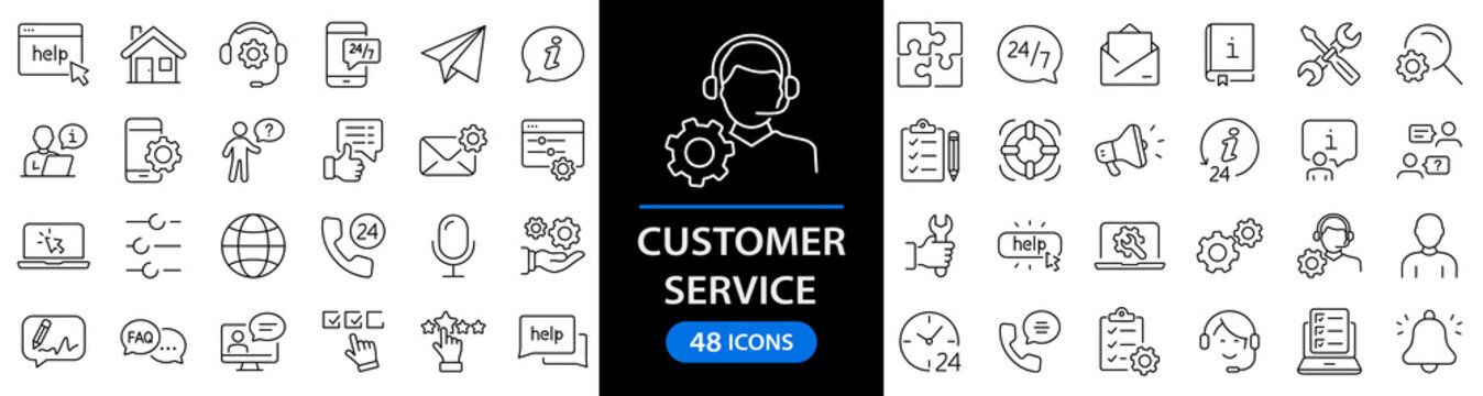 Customer service set of web icons in line style. Help and support. Support and service icons for web and mobile app. Online help, assistance, customer, 24 hrs, service and more. Vector illustration