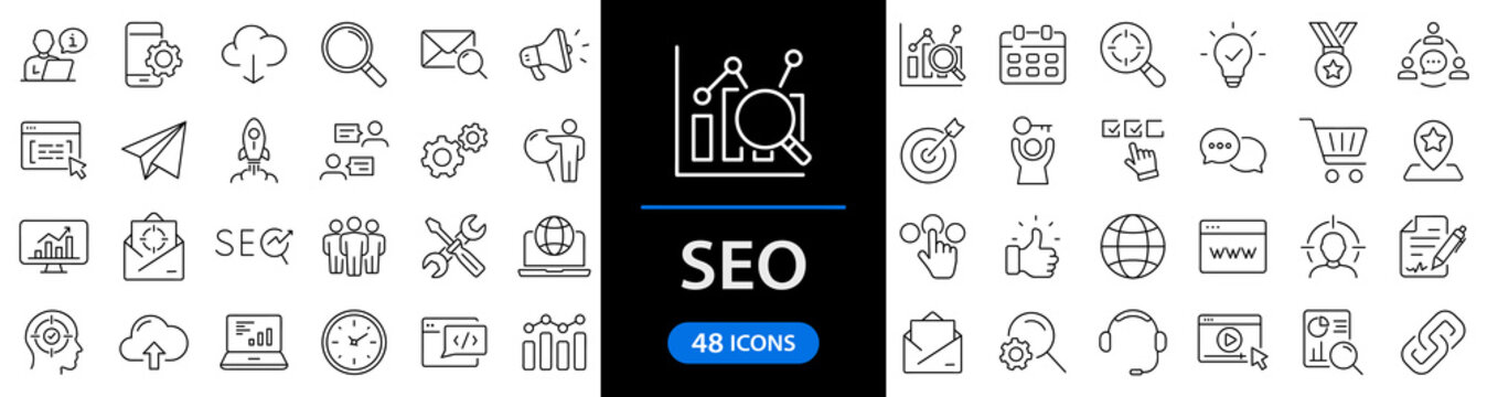 SEO Optimisation set of web icons in line style. Search Engine Optimization. Business, traffic, optimization, target. Search Engine and Marketing icons for web and mobile app. Vector illustration