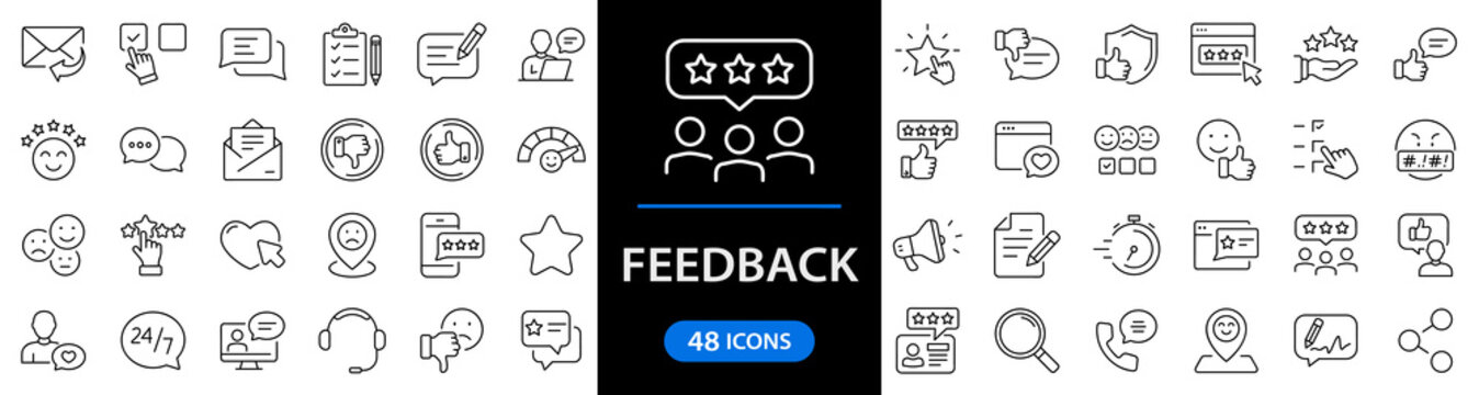 Feedback set of web icons in line style. Feedback and Review icons for web and mobile app. Customer relationship management. Star rating, satisfaction, emotion, testimonials, quick response, chat.