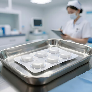 Still-life of a sealed Tyvek healthcare blister pack resting on a stainless steel tray.