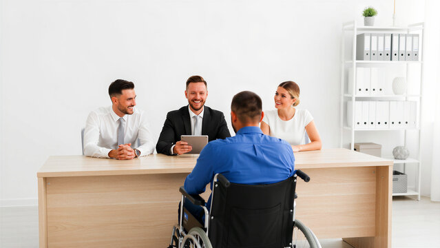 Candidate in wheelchair interviewed by smiling recruiters. HR team hiring disabled applicant in bright office. Inclusion and accessibility concept for corporate recruitment marketing.