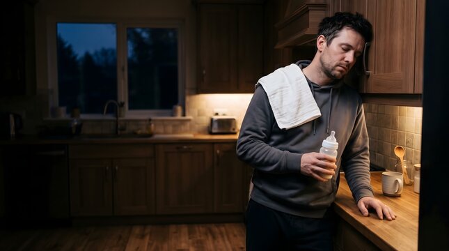Exhausted father stands in a dim kitchen at night with a towel over his shoulder and a baby bottle in hand, portraying sleep deprivation during nighttime infant care.