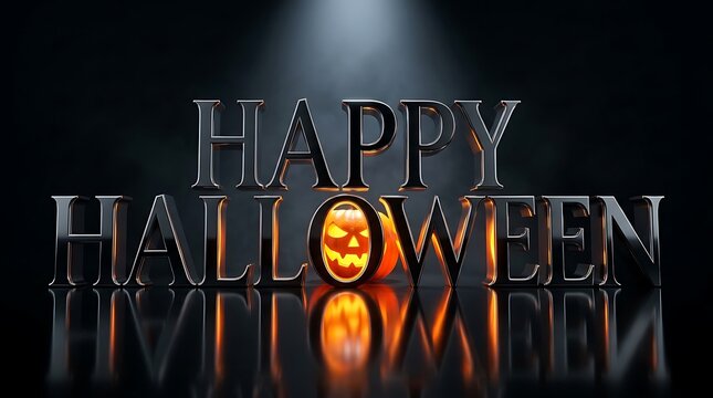 Dramatic happy halloween text with carved pumpkin and reflective dark background lighting