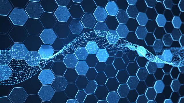 Abstract blue hexagonal pattern with flowing light wave in dark digital background