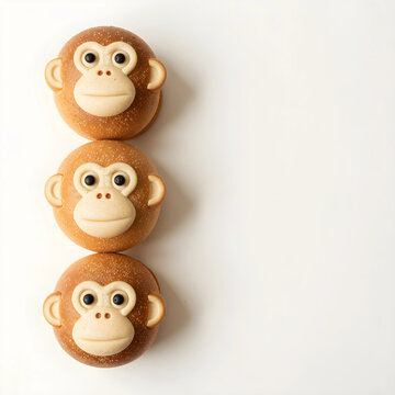 Cute monkey bread rolls, creative baking and fun food for children, sweet treats and dessert isolated on white background