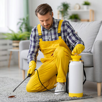 Professional pest control technician spraying insecticide on living room carpet