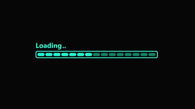 Glowing mints green animation showing Loading. text above a horizontal segmented progress bar filling up against a black background. Animated loading bar, system download/upload indicator,