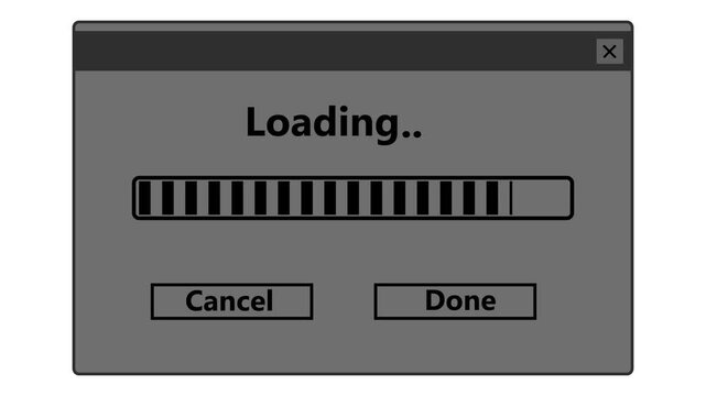Retro-style white showing a "Loading." progress bar with "Cancel" and "Done" buttons against a black background. Animated computer dialogue box, retro software installation, system processing.