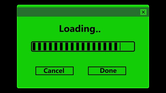 Retro-style green showing a "Loading." progress bar with "Cancel" and "Done" buttons against a black background. Animated computer dialogue box, retro software installation, system processing.