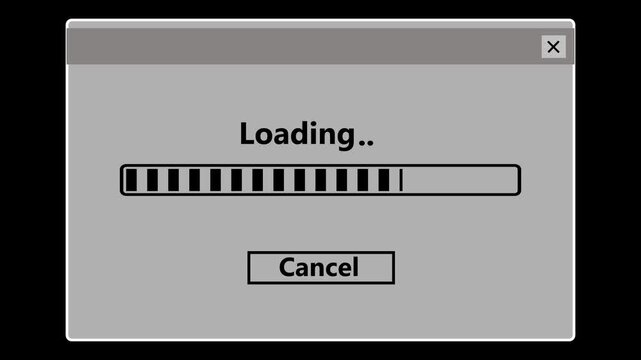  bright white showing a Loading progress bar filling up with black segments and a Cancel button at the bottom against a black background. computer retro software installation, system processing bar.