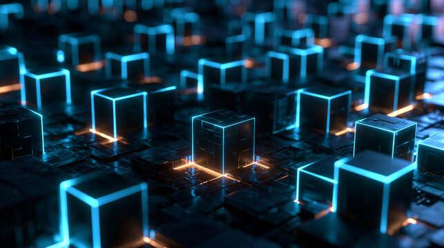 Abstract Futuristic Neon Glowing Cubes Digital Network Concept