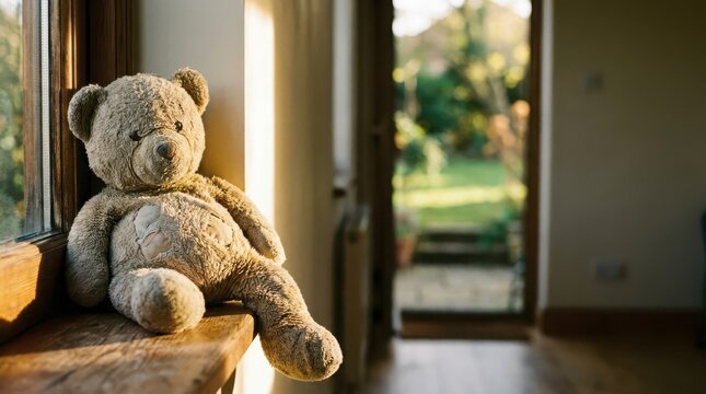 Teddy bear sitting by a window overlooking a garden in warm sunlight