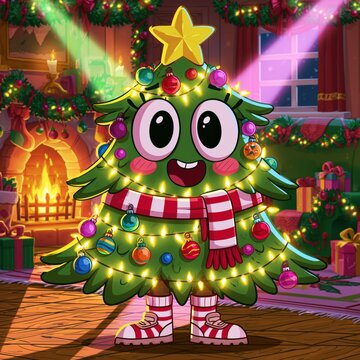 Cheerful Christmas Tree Cartoon Character Dancing in Cozy Holiday Room with Gifts