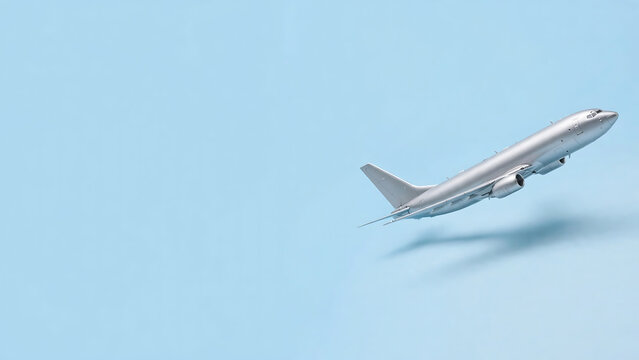 Miniature silver passenger airplane taking off against a bright blue sky, symbolizing modern air travel and exciting journeys
