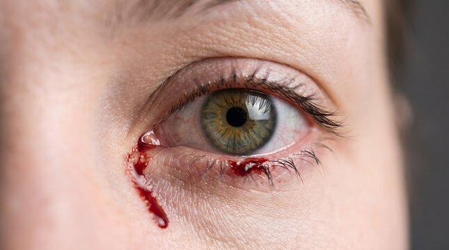 Extreme close-up of a hazel eye with fresh blood along the lower eyelid and a red streak on the skin, depicting eye injury, ocular bleeding, and urgent medical concern.