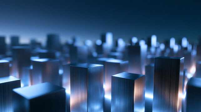 Abstract Futuristic Cityscape with Glowing Metallic Blocks