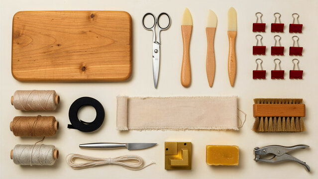 Flat lay of bookbinding tools on neutral background. Set includes scissors, thread, bone folders, and linen tape for craft projects. Workshop concept for DIY guides and creative branding.