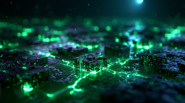 Futuristic Glowing Green Digital Circuit Board Network