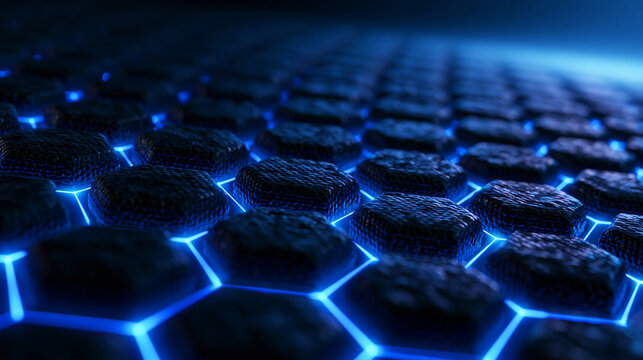 Futuristic Hexagon Grid Background with Glowing Blue Neon Light