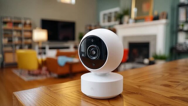 Smart Home Security Camera on Table: A modern smart home security camera is positioned on a wooden table, with a cozy living room interior visible in the background.