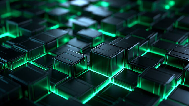 Futuristic Abstract Cyber Cubes with Glowing Green Neon Light
