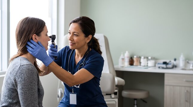 Gloved clinician gently examines a woman&rsquo;s eyes and face during a close clinical assessment in an examination room, demonstrating attentive patient care.